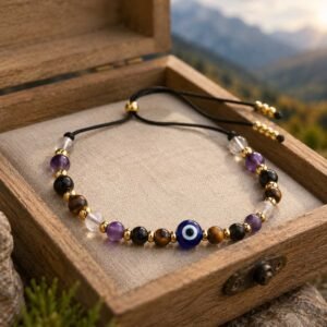Macro close-up of a curated guardian eye bracelet featuring natural amethyst, tiger's eye, and quartz, resting peacefully inside a simple natural wooden box under gentle mountain light.