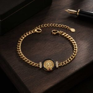 Close-up of a premium good fortune bracelet made of polished refined brass links featuring a detailed horse totem charm, rested inside the signature white Luxe Abundance Box, 24h sound-bath calibrated at 528Hz for 2026 energy alignment.