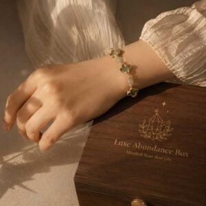 Close-up of a premium designer clover bracelet handcrafted with translucent green quartz beads and a symmetric clover charm, 24h sound-bath purified at 528Hz for 2026 career luck, nested inside the signature white Luxe Abundance Box.