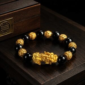 Close-up macro shot of a premium gold-plated Pixiu wealth bracelet for the 2026 Fire Horse year, meticulously engraved, resting elegantly inside the signature white Luxe Abundance Box under soft natural sunlight.
