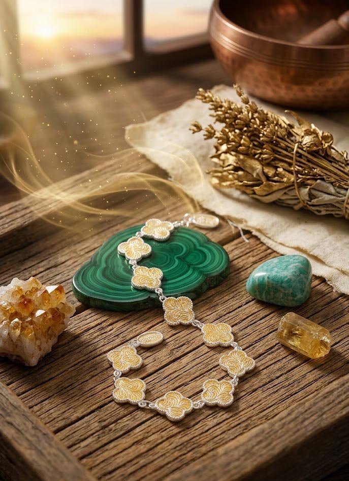 A vertical photograph capturing a sacred manifestation setup during Golden Hour natural light streaming through a window. An intricate silver and gold filigree flower chain bracelet (clover style) rests on a large polished Malachite slab. Surrounding it are a golden botanical bundle, a Citrine crystal cluster, smaller Amazonite stones, and a copper singing bowl with its mallet in the background. Golden light specks and a warm energy haze fill the atmosphere.