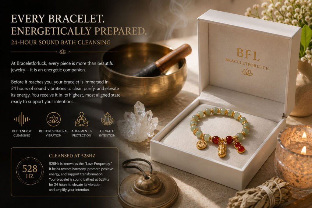 Braceletforluck Feng Shui bracelet placed near a singing bowl, selenite, and moonlight for sound-bath energy cleansing.
