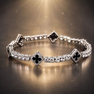 Close-up of a premium handcrafted black clover zirconia bracelet, showing deep dark glistening stones in a golden frame, 24h sound-bath calibrated at 528Hz for 2026 emotional resilience, showcased inside the signature white Luxe Abundance Box.