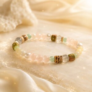 Handcrafted natural cat's eye intuition bracelet showing distinct moving chatoyant light bands, 24h sound-bath cleansed at 528Hz for 2026 vision and luck alignment, presented inside the white Luxe Abundance Box.
