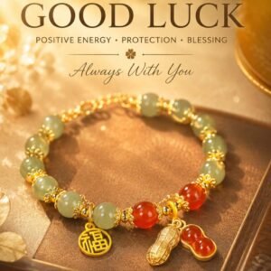 Handcrafted genuine green natural jade women feng shui bracelet featuring a detailed lucky peanut charm and an auspicious Fu blessing seal, 24h sound-bath calibrated at 528Hz, showcased inside the premium white Luxe Abundance Box.