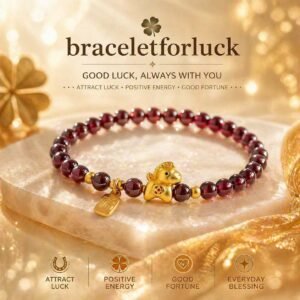 Natural red garnet bead bracelet with a golden horse charm for 2026 luck, 24h sound-bath cleansed, shown in a luxury manifestation setting