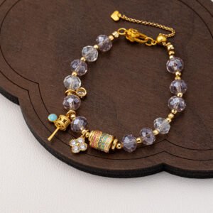 Artisan Amethyst flower bracelet with intricate gold botanical charms, 24h sound-bath cleansed for 2026 energy alignment, displayed on a luxury ritual pedestal.
