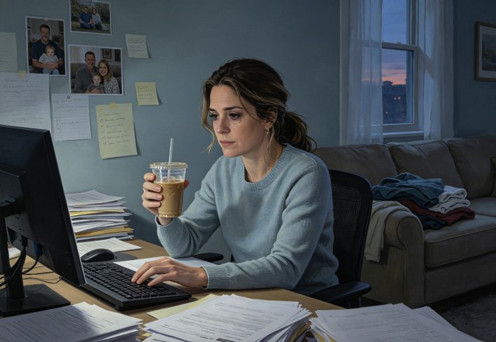 An image capturing a weary woman at her desk in a home office late at night, focused on a computer screen. Stacks of paperwork overflow on the desk, and she holds an iced coffee, her expression a mix of fatigue and determination. Family photos are visible in the background, contrasting with the work pressure and the solitary, stressed atmosphere.