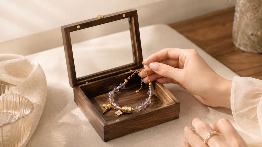 Handcrafted natural crystal energy bracelet for 2026 protection, 24h sound-bath cleansed at 528Hz, displayed inside the signature white Luxe Abundance Box.